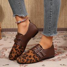 Vintage Patchwork Faux Split Toe Flat Shoes For Women, Autumn New Versatile Square Toe Comfortable Fashion Slip-On Double Buckle Loafers - Brown Leopard Print - View 3