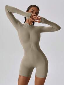 MASKERT Mono de yoga de manga larga ajustado para mujer, mono de ejercicio de secado rápido, alta elasticidad, amigable con la piel XYJP - Albaricoque - Ver 2