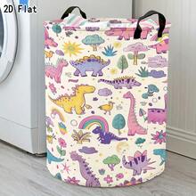 Cream-Colored Cartoon Dinosaur Rainbow Floral Print Storage Bucket, Foldable Laundry Basket With Handle, For Room Toys And Dirty Clothes Storage - Multicolor - View 3