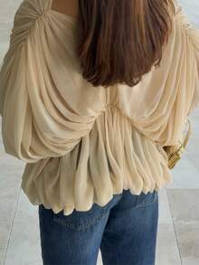 Sexy Vacation Pleated Chiffon Deep V-Neck Top For Beach, Date, Autumn/Winter, Christmas, Halloween, Party Wear #EleganceDefined #FestivalVibes - Apricot - View 6