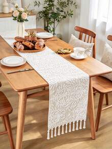 1 pieza Elegante camino de mesa de comedor de doble capa bordado, con flecos hechos a mano, bordado de un solo lado, multiusos para mesa de comedor, decoración de aparador - Base beige con bordado blanco - Ver 7