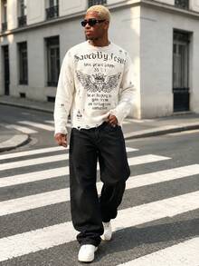 BLACKTOEXIT High Street Style Men's Distressed Knit Sweater, Vintage Gothic Letter & Wing Graphic, Loose Fit Drop Shoulder Autumn/Winter Pullover - Apricot - View 1