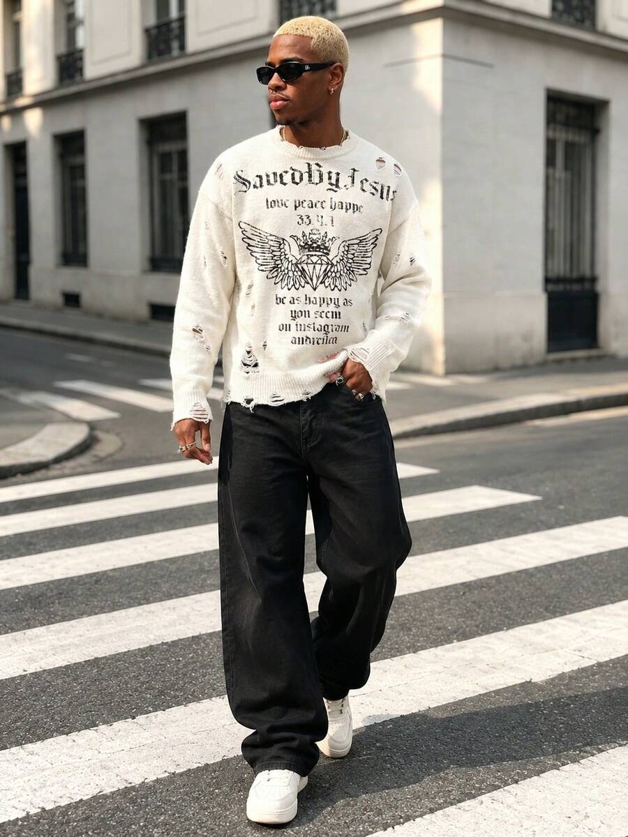 BLACKTOEXIT High Street Style Men's Distressed Knit Sweater, Vintage Gothic Letter & Wing Graphic, Loose Fit Drop Shoulder Autumn/Winter Pullover - Apricot - View 1