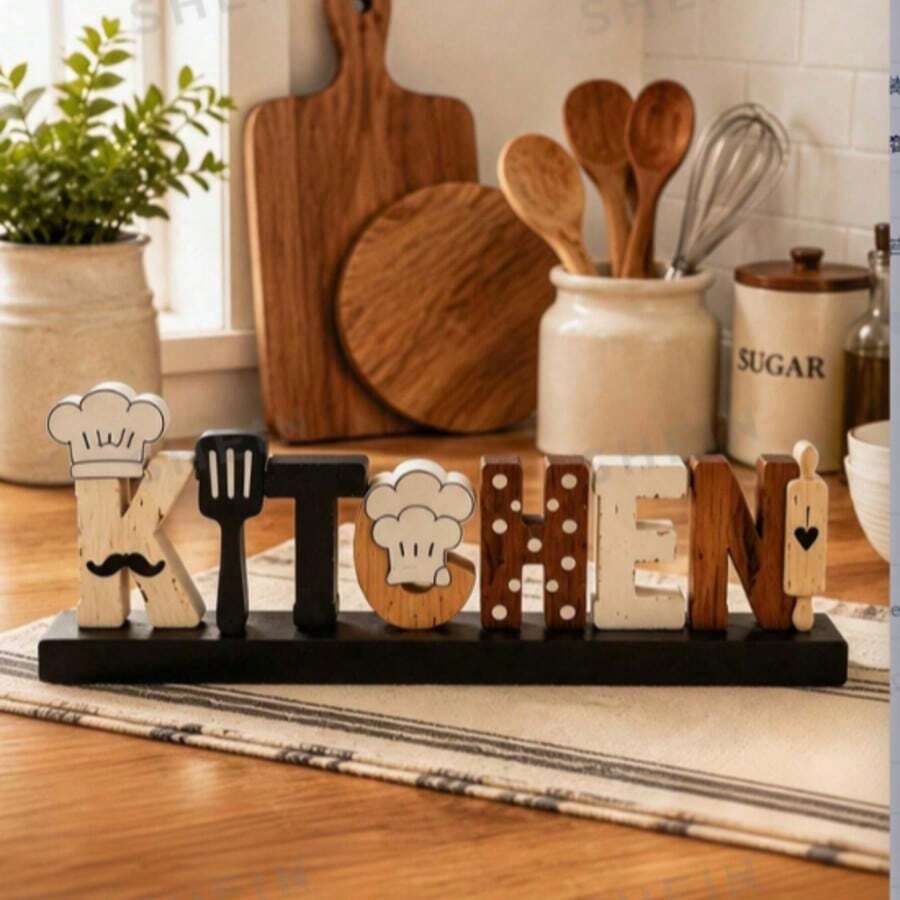 1 buah Papan Nama Meja Kayu Berbentuk Huruf untuk Dapur, Dekorasi Topi Koki, Jenggot, Spatula, dan Penggiling Adonan, Dekorasi Balok Kayu Berdiri Bebas, Cocok untuk Meja Dapur, Rak, Baki Bertingkat, Dekorasi Rumah Dapur Bergaya Pedesaan, Hadiah Pindah Rumah, Dekorasi dan Aksesoris Dapur, Perlengkapan Dapur - A - View 1