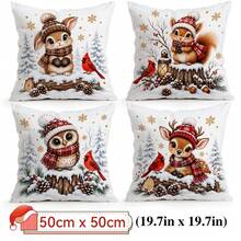 4pcs Forest Animals Christmas Pillow Covers, Rabbit Squirrel Owl Deer Cardinal Bird Print Pattern, Single-Sided Printed Pillow Covers/Cushion Covers, Multi-Scene Atmosphere Decoration Pillow Covers Suitable For Living Room Sofa Bedroom, Pillow Insert Not Included - Multicolor - View 12