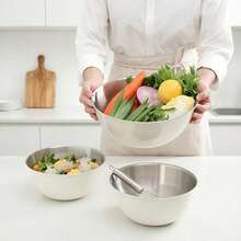 Cream White Stainless Steel Salad Bowl, Deep Cooking Basin, Thickened Mixing Bowl. Matte Cream White Exterior With Brushed Stainless Steel Interior, Rounded Rim For Handling. Large Capacity Deep Basin Design, Easy To Mix Salad Without Spilling, Also Suitable For Baking, Marinating, Fruit And Vegetable Washing. Sturdy And Durable Body, Smooth Interior, Easy To Clean With Water. Simple And Elegant Appearance, Perfect For Kitchen Prep Or Serving Light Meals Directly On The Table To Create A Fresh Dining Atmosphere. 1pc/3pcs - Cream - View 5