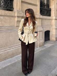Elegant Women's Cream-Colored Blazer, Woven Fabric, Tie Waist, Ruffle Hem, Exuding Sophisticated Autumn Charm - Apricot - View 9