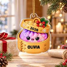1pc Custom Personalized Name And Year Dumpling Christmas Ornament, Custom Name Steamer Basket Tree Ornament, Cheerful Basket Character Hanging Keepsake, Bright Holiday Decoration For Family Friends And Couples, Christmas Gift, For Holiday Gifting - Multicolor - View 7