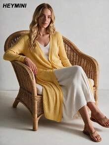 Women's Yellow Ribbed Long Knit Cardigan, V-Neck Open Front Knit Jacket, Casual Commute Versatile, Suitable For Spring, Summer And Autumn, Outdoor Top - Yellow - View 1