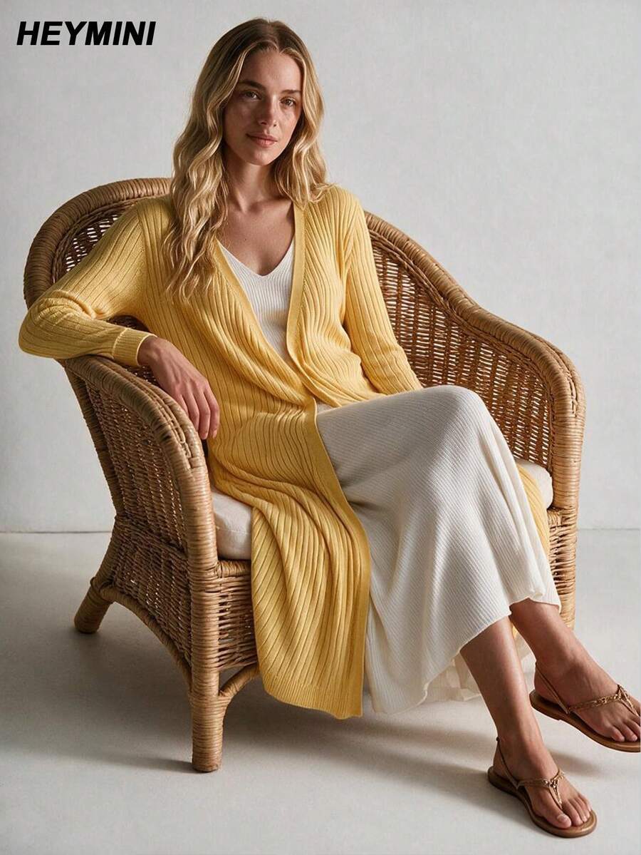 Women's Yellow Ribbed Long Knit Cardigan, V-Neck Open Front Knit Jacket, Casual Commute Versatile, Suitable For Spring, Summer And Autumn, Outdoor Top - Yellow - View 1