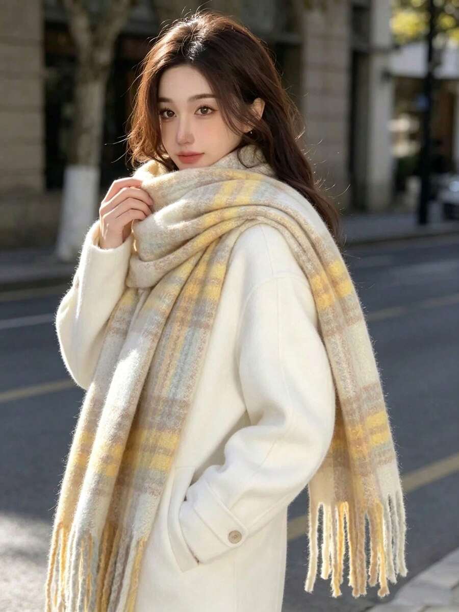 1件女款優雅針織流蘇圍巾-舒適防風保暖,適合秋冬,理想的節日禮物 - 01-黃色 - 查看 1