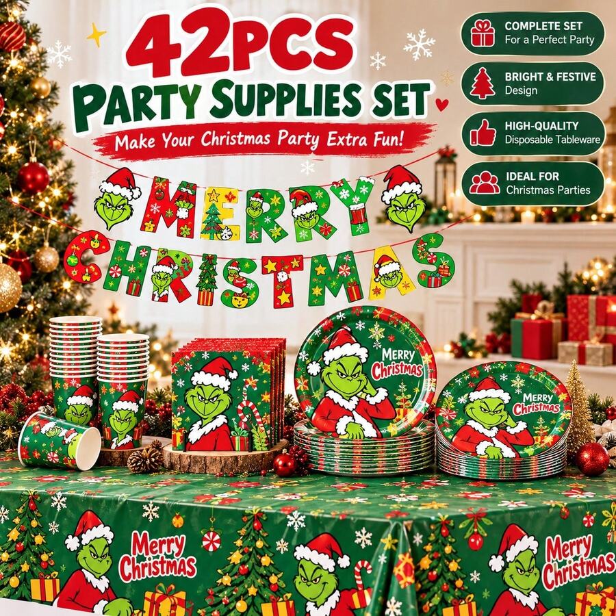 The Grinch Officially Licensed The Cartoon Theme Party Tableware Set, Decoration Set, Newborn Party Birthday Party, Photography Studio Decoration Props, Halloween Tableware, Christmas Tableware, New Year Tableware, Holiday Tableware, Disposable Tableware - View 1
