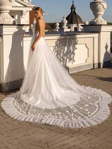 1 Piece Long Leaf‑Floral Applique Lace Ruffle Train Tulle Over‑Skirt, Flowy Ruffle Sheer Overlay For Church Wedding Bridal Styling - Multicolor - View 4