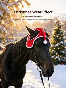 Horse Riding Christmas Decoration Hat, Soft Fleece Fabric With Classic White Trim And Pom Pom Design, Hollow Structure Does Not Affect Horse Movement, Secure And Anti-Slip Fit, Suitable For Christmas Parties, Outdoor Riding And Holiday Photos - Multicolor - View 3
