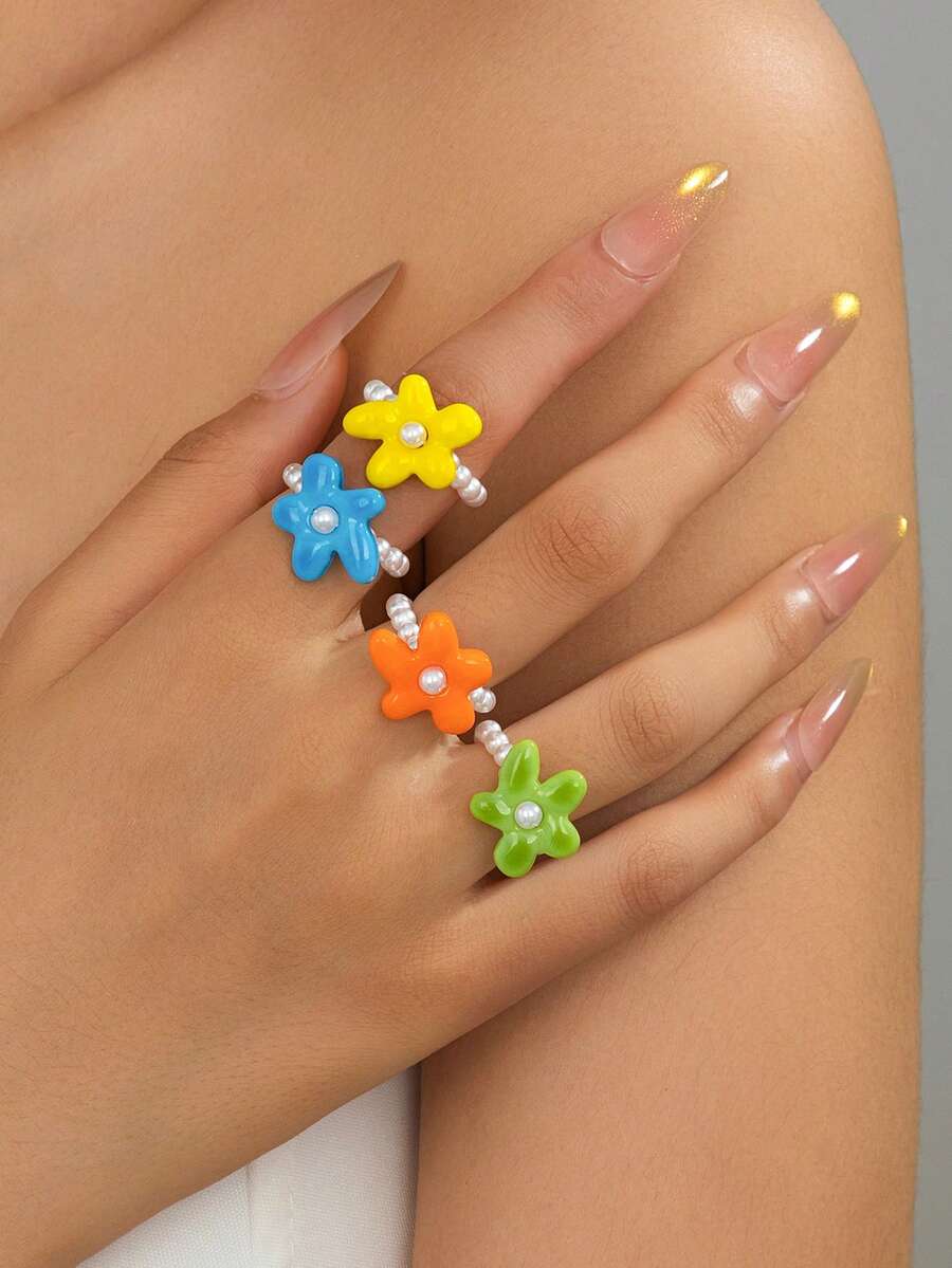 1pc Women's Floral Elastic Ring, Fashion Personalized Starfish Design, Elastic Hand Accessory For Daily Wear - Starfish - View 1