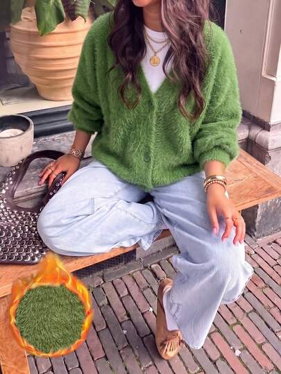 Women's Casual Minimalist Elegant Fashion Commute Comfortable Office Solid Color Knitted Button Faux Mink Fur Long Sleeve Cardigan Top Office Home Daily Travel Winter Autumn