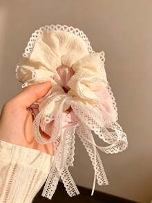 Soft Pink Textured Fabric Hair Scrunchie With Delicate Hollow Lace Ribbon Bow, Girls Hair Accessory - Multicolor - View 7