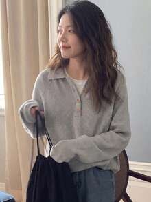 Alicedudu Solid Raglan Sleeve Polo Neck Button Front Sweater,Long Sleeve Tops - Light Grey - View 5