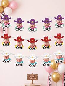 6/9/12pcs Custom Photo Cowboy Banner, Baby 1st Birthday Photo Banner With Western Cowboy Hat, Custom Kid Wild West First Birthday Backdrop Decoration - Multicolor - View 2