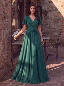 Elegant Green Bridesmaid Dress With Flounce Short Sleeves, Overlap Collar, And Belted Long Skirt, Perfect For Formal Parties And Prom - Dark Green - View 1