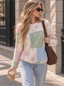 Women Pastel Patchwork Print Knit Sweater, Floral Check Long Sleeve Crew Neck Pullover, Soft Cozy Cottagecore Jumper, Fall Winter Outfit For Women - Off White - View 3