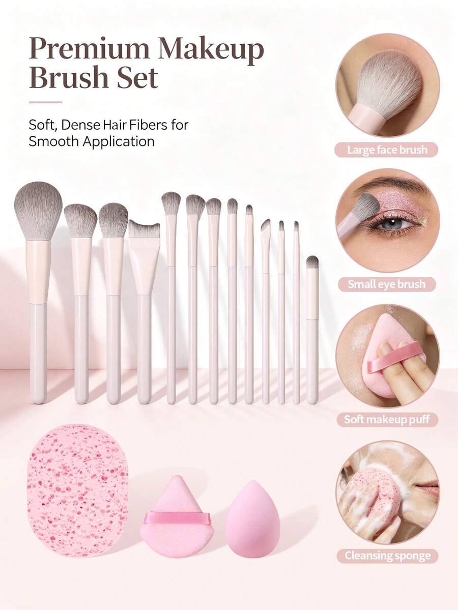 16pcs Makeup Brush Set, Super Soft Nylon Bristles Face & Eye Makeup Brushes, Suitable For Foundation, Blush, Concealer, Eyeshadow, Portable Complete Edition