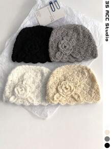 纯色花卉针织帽，百搭透气，手工钩织花朵，复古甜美，镂空针织，轻盈舒适，修饰脸型，女士头巾，春夏款 - 彩色 - 查看 2
