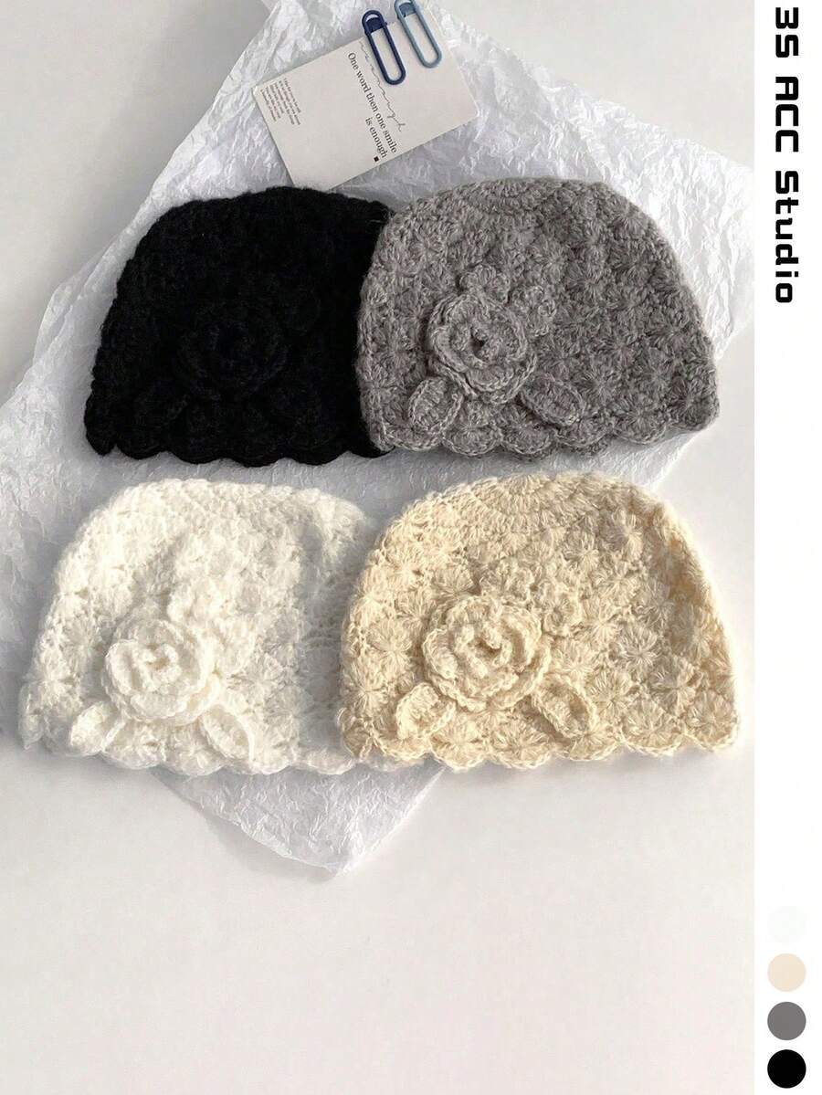 纯色花卉针织帽，百搭透气，手工钩织花朵，复古甜美，镂空针织，轻盈舒适，修饰脸型，女士头巾，春夏款