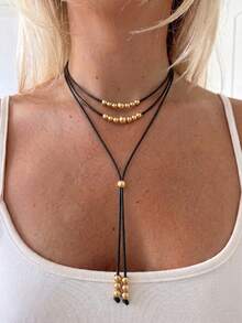 1pc Vintage Black Leather Cord Necklace, Bohemian Style Long Tassel Pendant Neck Chain, Adjustable Drawstring Design, Autumn/Winter Layering Accessory, Casual Vacation Outfit Jewelry - Gold - View 2