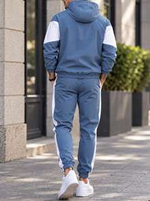 Men's Autumn Colorblock 2 Pieces Sports Set, Hooded Zip-Up Jacket + Side Stripe Jogger Pants, Casual Streetwear Daily Outfit - Blue - View 3