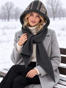 1pc Women's Pattern Hooded Knit Warm Decorative Casual Cute Style Hooded Scarf Suitable For Skiing, Outdoor, Outing In Autumn/Winter - Multicolor - View 4