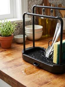 2pcs Kitchen Sink Storage Organizer Rack With Dish Cloth Hanging Bar And Water Tray, Black Sponge Holder For Countertop, Dish Cloth Drying Rack For Kitchen Organization, Plastic Dish Cloth Drying Rack With Drainage Tray, Double Layer Kitchen Sink Storage Rack And Sponge Holder, Countertop Organizer For Dish Cloth And Small Kitchen Storage, Also Suitable For Storage And Outdoor Garden Decoration - Multicolor - View 2