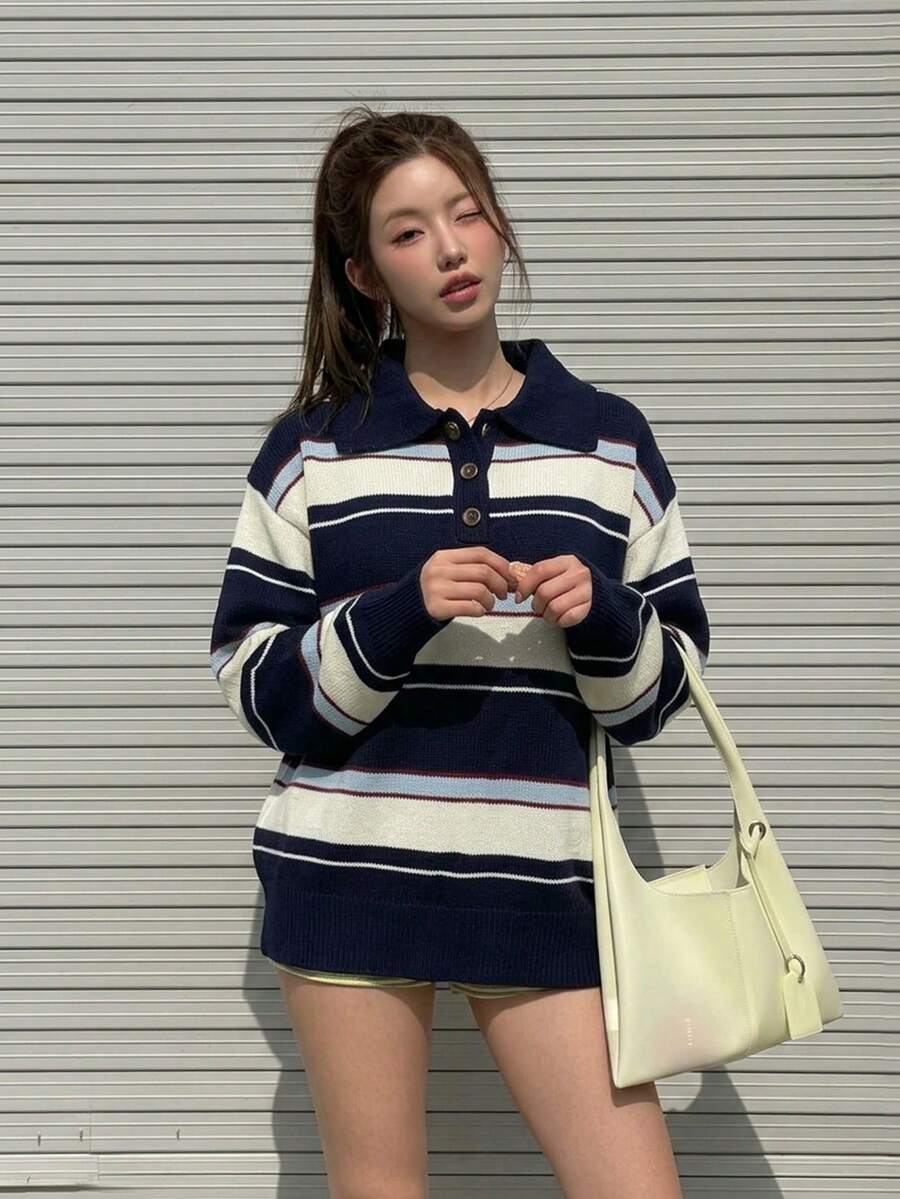 Sweater Polo Rajut Bergaris, Pullover Biru Tua Lengan Panjang, Trim Bergaris, Potongan Longgar, Pakaian Kasual Sehari-hari Gaya Preppy Musim Gugur/Musim Dingin untuk Wanita - Navy Blue - View 1