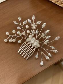 1pc Luxury Shiny Handmade Beaded Pearl Rhinestone Leaf Hair Comb, Silver Metal Hair Comb, Bridal Banquet Back Head Bun Hair Accessory - Multicolor - View 4