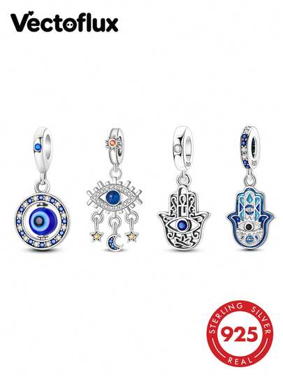 Vectoflux 1 pièce Pendentif Main de Hamsa en Argent Sterling 925 Hypoallergénique Style Œil du Mal, Convient pour la Fabrication de Bracelets et Colliers DIY pour Femmes, Cadeau d'Anniversaire