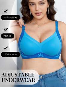 1pc Seamless Contrast Color Lift-Up Plus Size Wireless Push-Up Anti-Sagging Side-Boob Support Bra - Blue - View 3