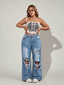 Plus Size Casual Daily Denim Jeans With Pockets And Buttons, Distressed High Waist Design, Suitable For Women's Autumn Fashion, Disco And Party Wear - Blue - View 6