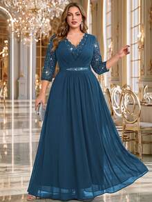 Plus V Neck Sequin Floral Lace 3/4 Sleeve Contrast Rhinestones Ribbon Waist Chiffon Ruched Hem Formal Party Dress For Wedding Guest, Graduation - Dusty Blue - View 3