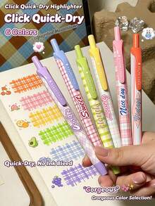 1/6pcs Cute Plaid Retractable Highlighter Pen Set, Quick-Dry Non-Bleed Highlighter Pens, Highly Attractive Retractable Marker Pens, Student Note-Taking Marking Planner, Office & Study Stationery - Sets - View 1