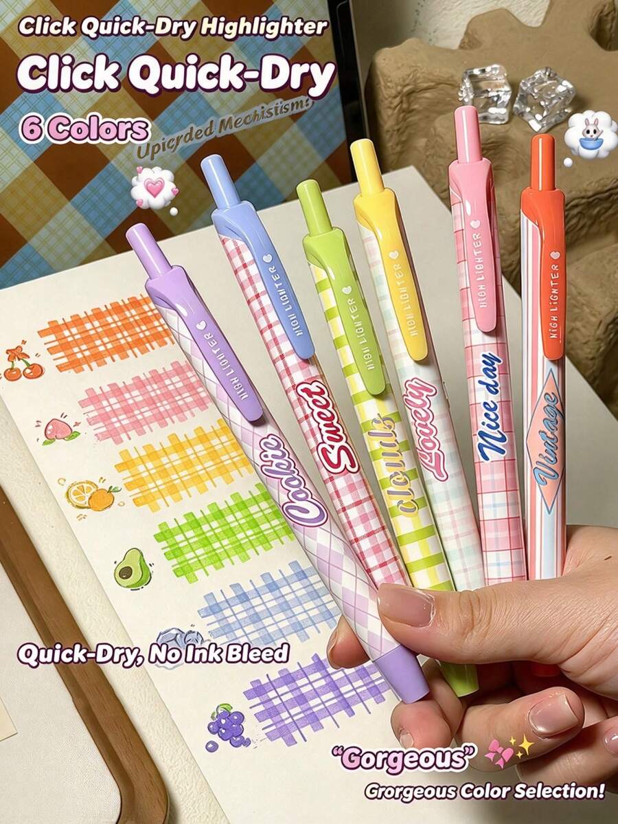 1/6pcs Cute Plaid Retractable Highlighter Pen Set, Quick-Dry Non-Bleed Highlighter Pens, Highly Attractive Retractable Marker Pens, Student Note-Taking Marking Planner, Office & Study Stationery - Sets - View 1