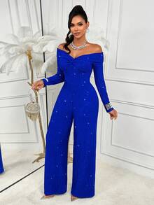AIJ Women's Royal Blue Knitted One-Shoulder Long Sleeve Jumpsuit, Twisted Ruched Detail, Elastic Slim Fit Long Length Elegant Dress, Suitable For Party, Banquet, Formal Holiday Occasions, Christmas - Royal Blue - View 1