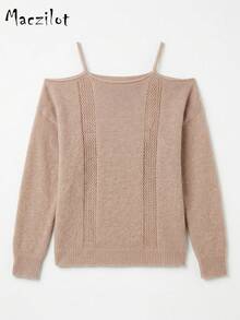 Plus Size Women Fall Winter Spaghetti Strap Cold Shoulder Knit Sweater, Long Sleeve Pullover For Commute Date & Daily Outing - Mocha Brown - View 7