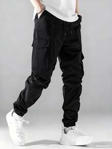 Men's Solid Color Lightweight Minimalist Multi-Pocket Cargo Pants, Fashionable Tapered Leg, Campus Style, Outdoor Hiking Casual Pants - Black - View 2