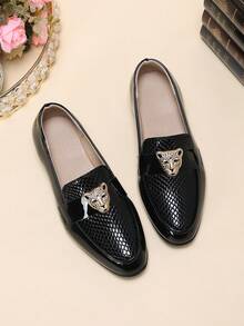 1 Pair New Boys' Leopard Head Decor Oxford Shoes, Fashionable Versatile British Style Shiny Formal Shoes Suitable For All Seasons - Black - View 6