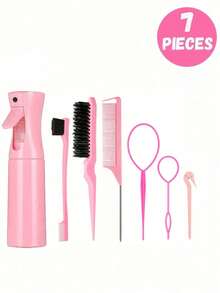 7pcs/1set Kids Cute Cartoon Square Comb & Spray Bottle Set, Cartoon Eiffel Tower Print Anti-Static Plastic Comb, Portable Pattern Hair Pin, High-Pressure Mist Spray Bottle, Suitable For Children, Normal Hair, Durable ABS Handle, Cute Square Design, Hair Styling Tool Set - Multicolor - View 10