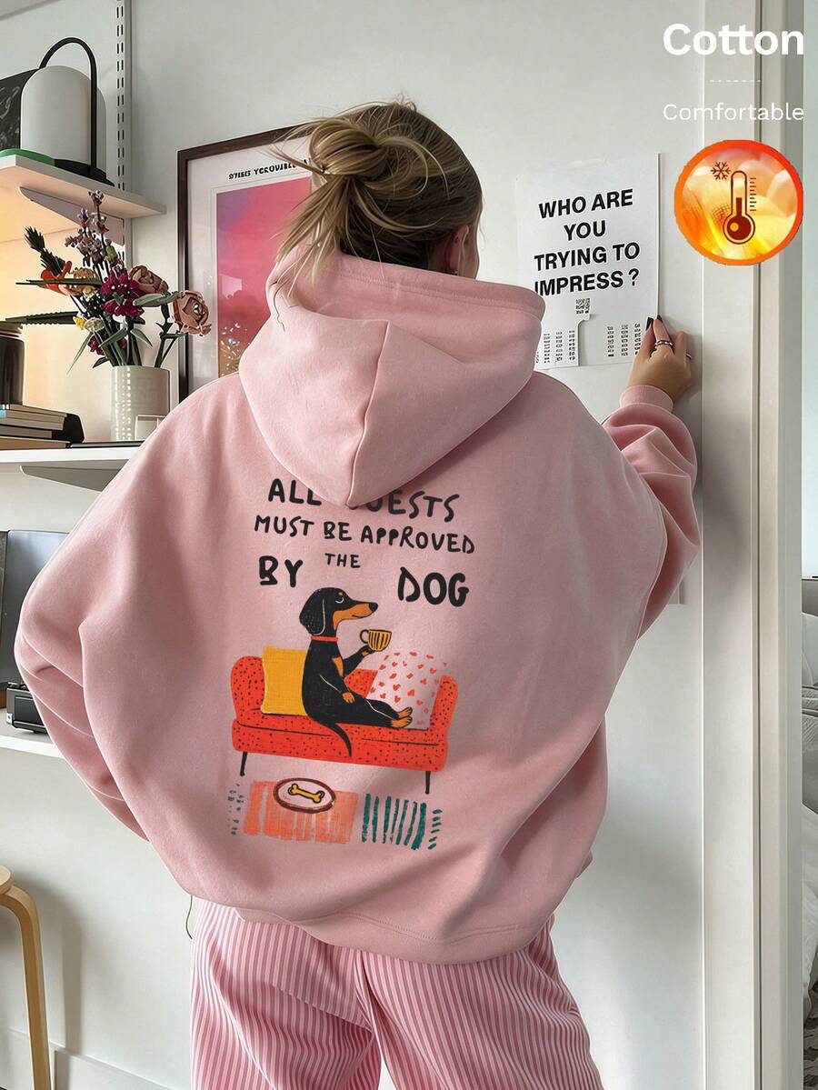 Autumn/Winter Women's Fleece Hoodie, Dog Graphic With English Lettering, Y2K Style - Sand Red - View 1