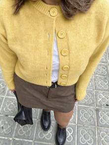 MORI 秋冬圓領長袖針織開襟毛衣，女款新款休閒寬鬆慵懶軟綿毛衣，時尚優雅極簡純色，新年必備上衣 - 淺黃 - 查看 4