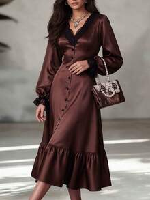 Women's Elegant Satin Midi Dress, V-Neck Black Lace Trim Lantern Long Sleeve Front Button Ruffle Hem Formal Party Gown - Brown - View 2