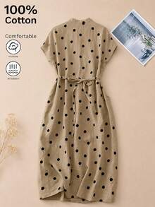 Spring Summer Autumn Elegant Vintage Polka Dot Print Casual Dress With Pockets, Back Tie Waist, A-Line Skirt, Lightweight Breathable Fabric, Minimalist Exquisite Design, Versatile For Daily Wear, Outings, Holidays, Vacation, Commuting, Office, Bohemian Style, Polka Dot Outfit Dress - Khaki - View 5