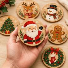 6pcs Christmas Coasters, Cute Cartoon Wooden Coasters, Patterns Include Santa Claus, Reindeer, Snowman, Gingerbread Man, Christmas Tree And Wreath, Christmas Home Decor, 2D Flat - View 7